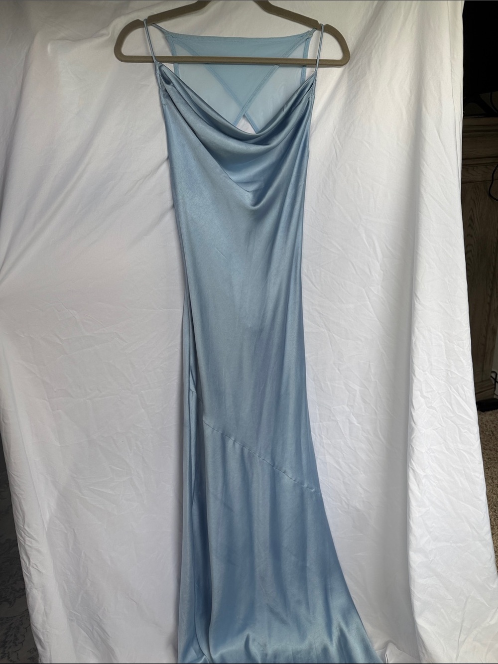 Hello Molly Light Blue Satin Cowl Neck Maxi Dress, blue bridesmaid dress - Picture 2 of 10